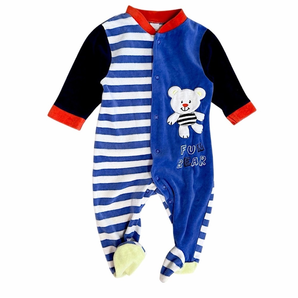 Vintage Baby Boy Color Block Striped Bear Terry Cloth Footies Size 6-9 Months